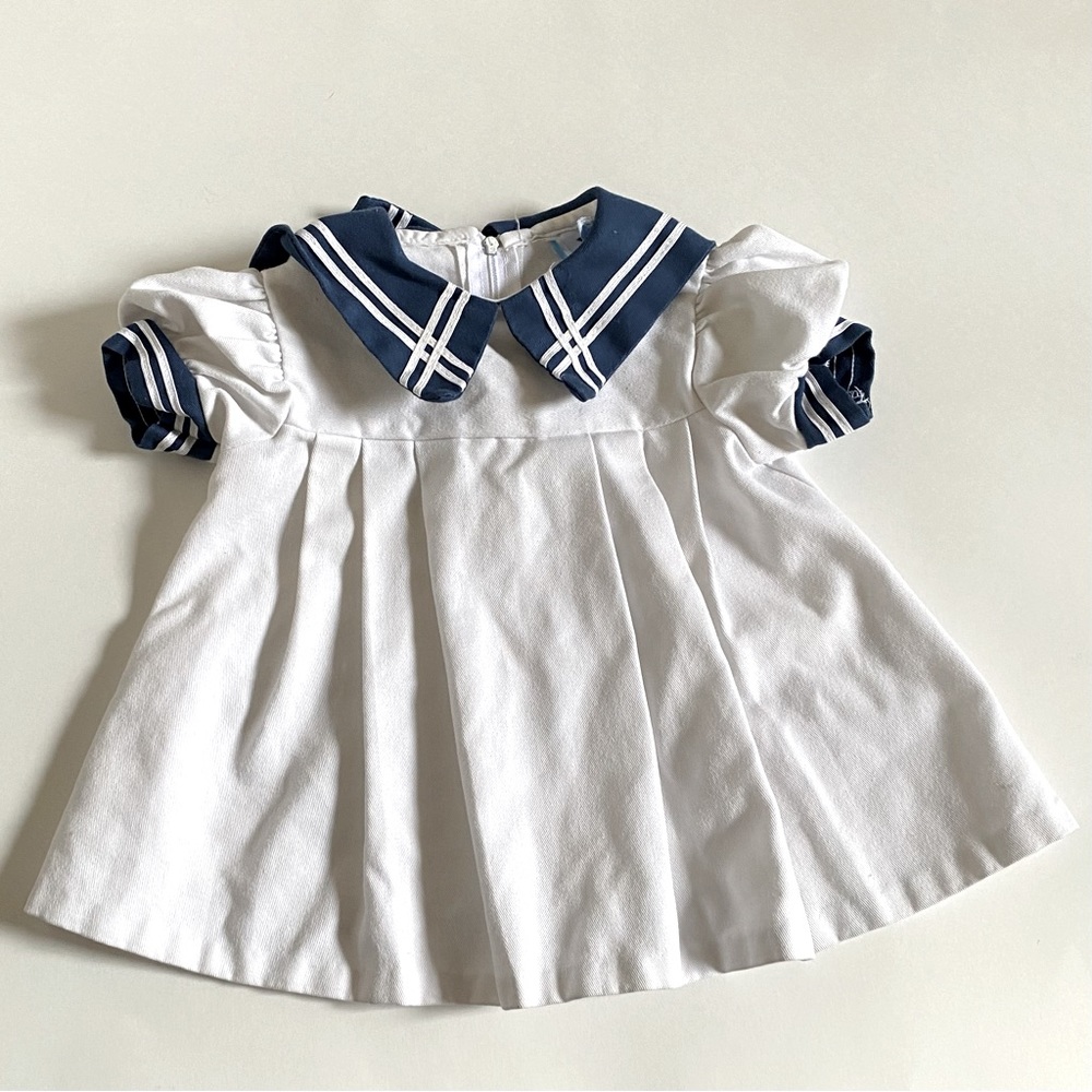 Vintage Little Evelyn 12m Sailor Pleated White Dress with Blue Collar & Sleeves